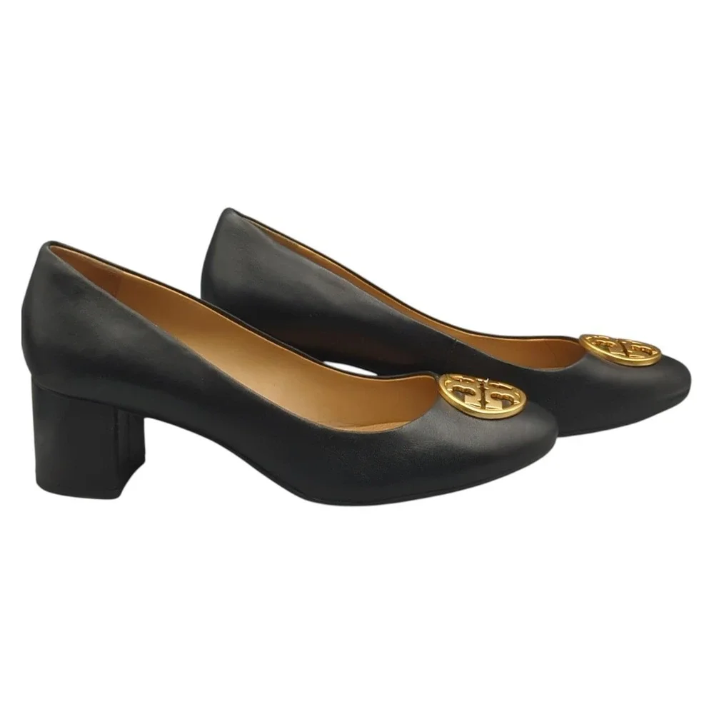 Tory Burch Pump Heels Chelsea 50mm‎ Perfect Black Nappa Leather Gold Logo  45900